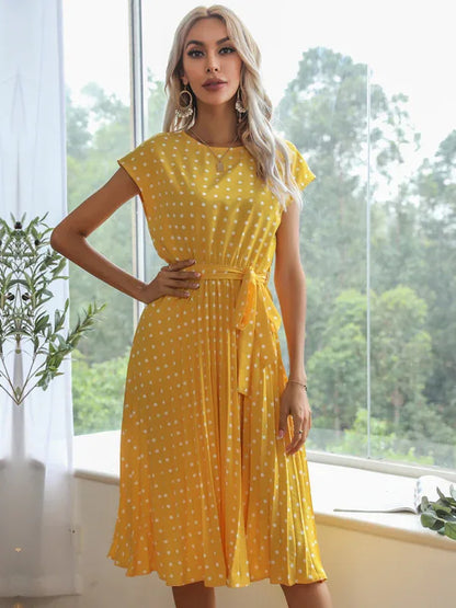 Women's Woven Polka Dot Pleated Midi Dress – Elegance - Shello's Creative Boutique