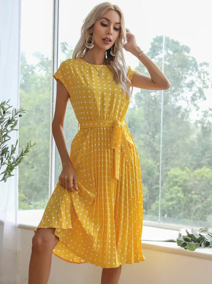 Women's Woven Polka Dot Pleated Midi Dress – Elegance - Shello's Creative Boutique