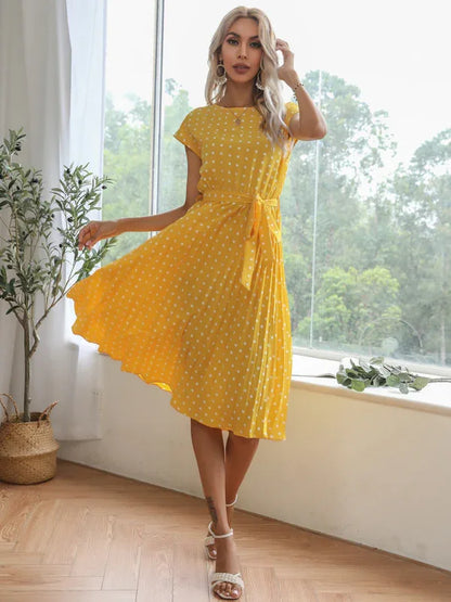 Women's Woven Polka Dot Pleated Midi Dress – Elegance - Shello's Creative Boutique