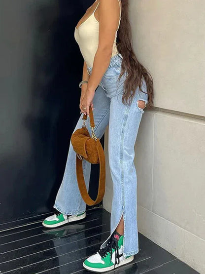 Women's High Waist Stretch Ripped Hem Slit Jeans - Shello's Creative Boutique