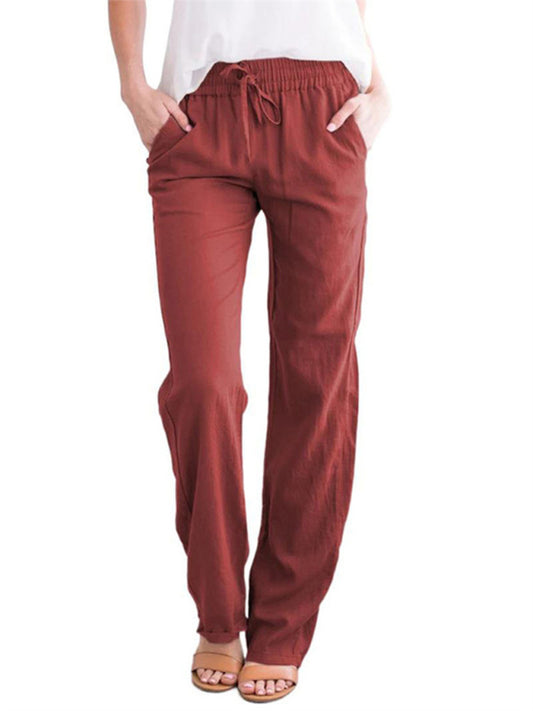 Women's Solid Color Cotton Linen Drawstring Loose Casual Wide Leg Trousers Shello's Creative Boutique