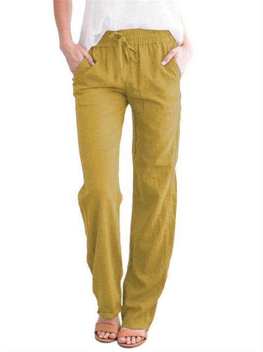 Women's Solid Color Cotton Linen Drawstring Loose Casual Wide Leg Trousers Shello's Creative Boutique
