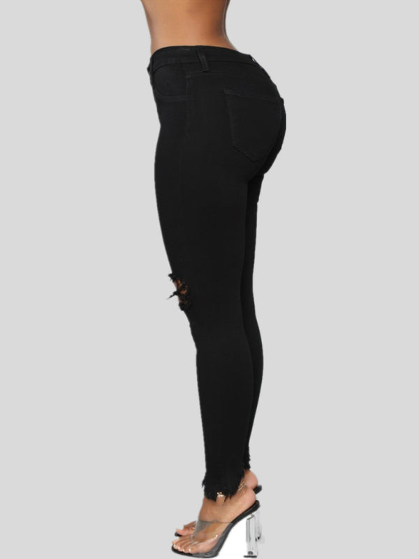 Women's elastic ripped solid color denim long trousers Shello Creative Boutique