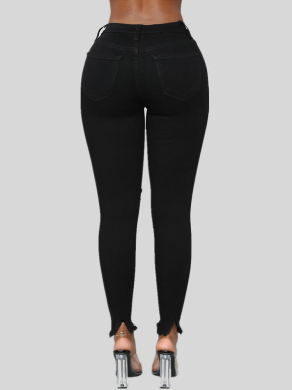 Women's elastic ripped solid color denim long trousers Shello Creative Boutique