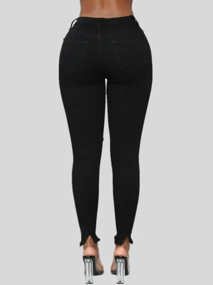 Women's Elastic Ripped Solid Color Denim Long Trousers – Urban Edge Edition - Shello's Creative Boutique