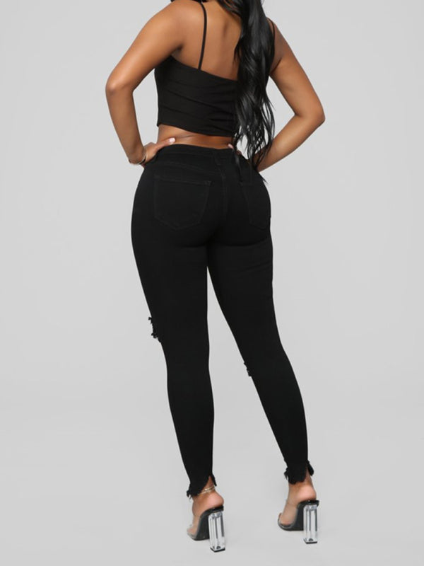 Women's elastic ripped solid color denim long trousers Shello Creative Boutique