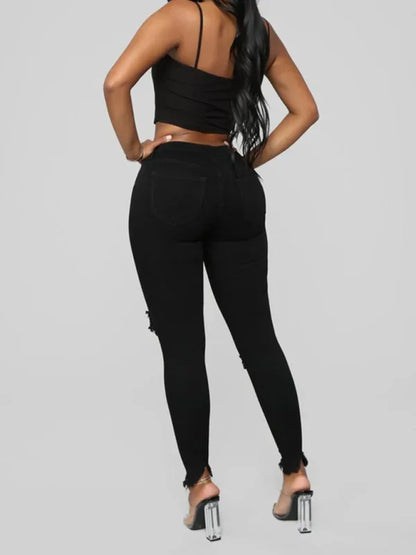 Women's Elastic Ripped Solid Color Denim Long Trousers – Urban Edge Edition - Shello's Creative Boutique