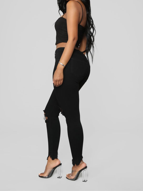 Women's elastic ripped solid color denim long trousers Shello Creative Boutique