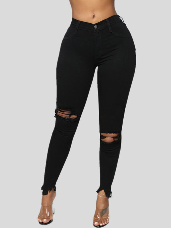 Women's elastic ripped solid color denim long trousers Shello Creative Boutique