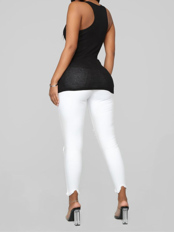 Women's elastic ripped solid color denim long trousers Shello Creative Boutique