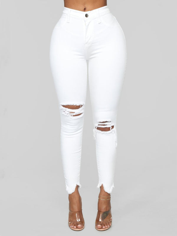 Women's elastic ripped solid color denim long trousers Shello Creative Boutique