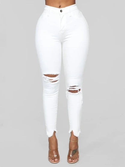 Women's Elastic Ripped Solid Color Denim Long Trousers – Urban Edge Edition - Shello's Creative Boutique