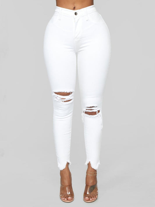 Women's elastic ripped solid color denim long trousers Shello Creative Boutique