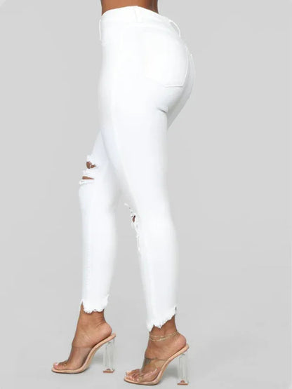 Women's Elastic Ripped Solid Color Denim Long Trousers – Urban Edge Edition - Shello's Creative Boutique