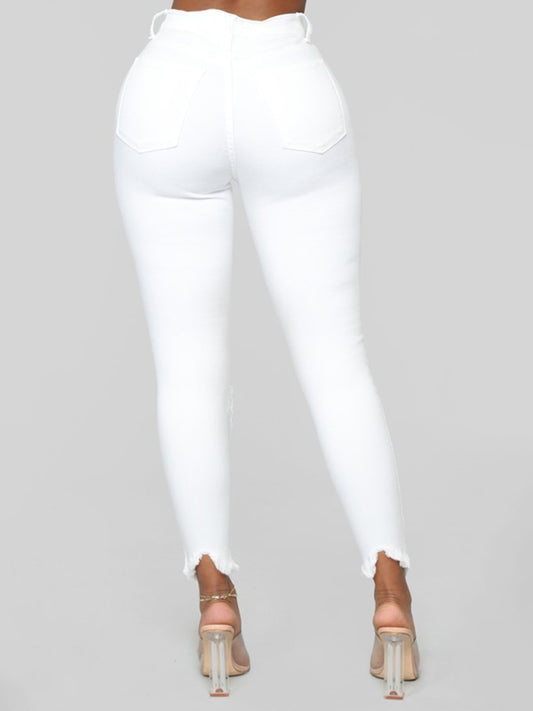 Women's elastic ripped solid color denim long trousers Shello Creative Boutique