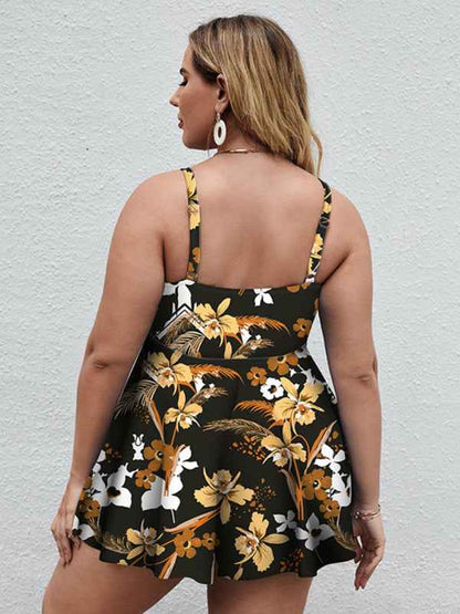 Ladies Plus Size Printed Split Boxer Swimsuit Set - Bohemian Elegance for Spring-Summer