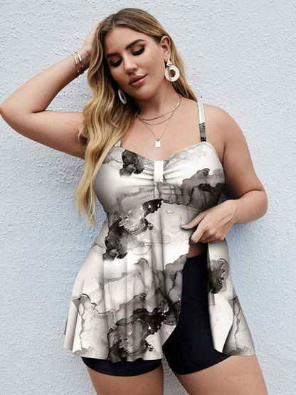 Ladies Plus Size Printed Split Boxer Swimsuit Set - Bohemian Elegance for Spring-Summer
