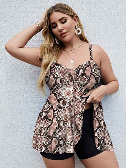 Ladies Plus Size Printed Split Boxer Swimsuit Set - Bohemian Elegance for Spring-Summer