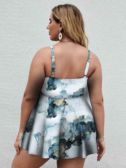 Ladies Plus Size Printed Split Boxer Swimsuit Set - Bohemian Elegance for Spring-Summer