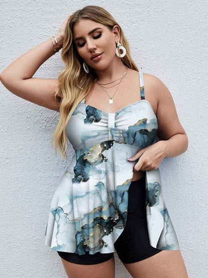 Ladies Plus Size Printed Split Boxer Swimsuit Set - Bohemian Elegance for Spring-Summer