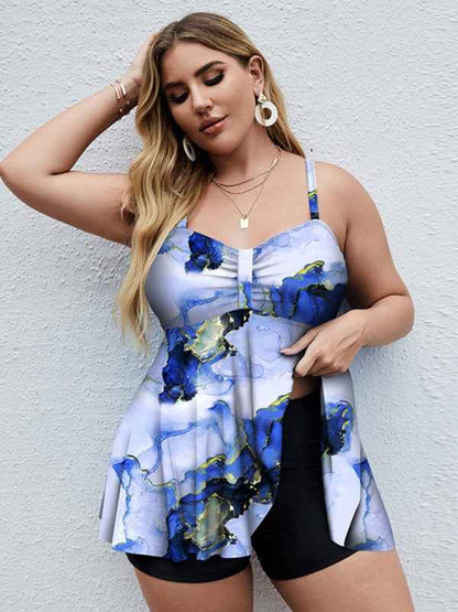 Ladies Plus Size Printed Split Boxer Swimsuit Set - Bohemian Elegance for Spring-Summer