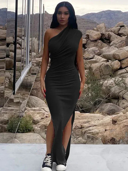 Women's Solid Colour Casual Pleated Shoulder Slit Slim Long Dress – Effortless Elegance - Shello's Creative Boutique