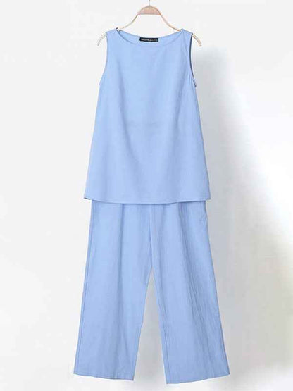 Women Cotton Linen Sleeveless Top + Wide-leg Pants Two-Piece Suit