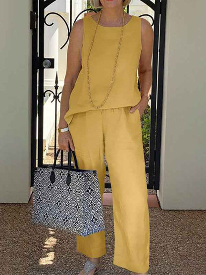 Women Cotton Linen Sleeveless Top + Wide-leg Pants Two-Piece Suit