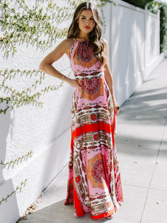 Printed Halter Neck High Waist Scheming Red Temperament Commuter Dress Shello's Creative Boutique