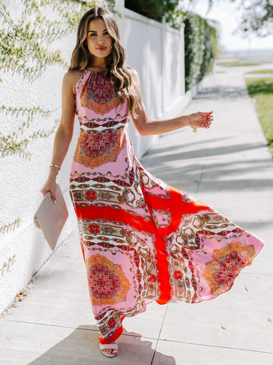 Printed Halter Neck High Waist Scheming Red Temperament Commuter Dress Shello's Creative Boutique