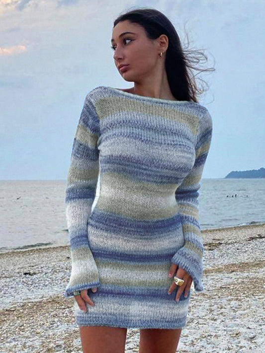 New women's sexy open back bell sleeve striped sweater dress Shello's Creative Boutique