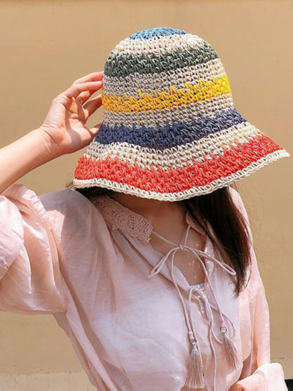 Braided straw hat rainbow fisherman hat big brim sun hat outdoor beach sun sun hat Shello's Creative Boutique