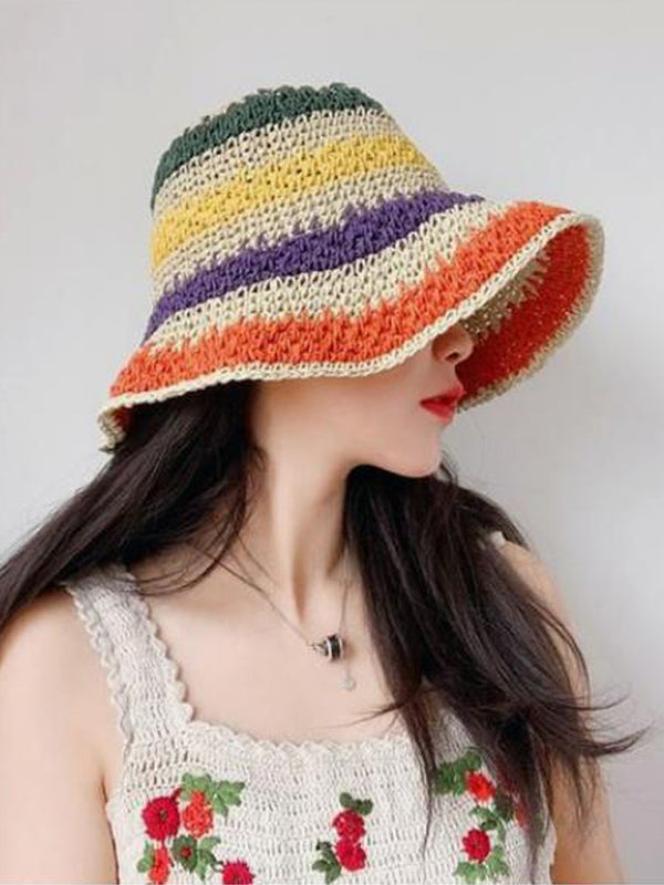 Braided straw hat rainbow fisherman hat big brim sun hat outdoor beach sun sun hat Shello's Creative Boutique