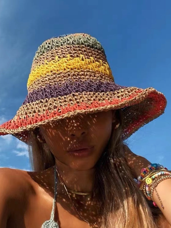 Braided straw hat rainbow fisherman hat big brim sun hat outdoor beach sun sun hat Shello's Creative Boutique