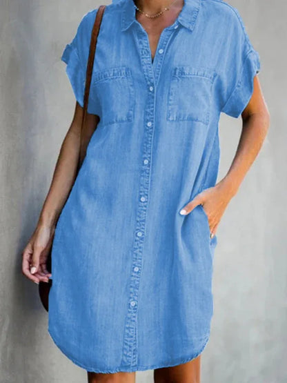 Casual Short-Sleeve Blue Slim-Fit Denim Midi Dress - Shello's Creative Boutique