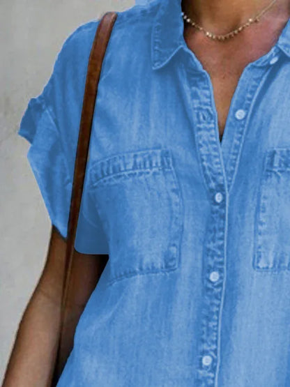 Casual Short-Sleeve Blue Slim-Fit Denim Midi Dress - Shello's Creative Boutique