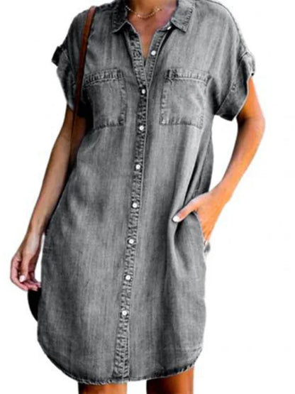 Casual Short-Sleeve Blue Slim-Fit Denim Midi Dress - Shello's Creative Boutique