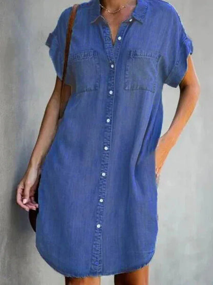 Casual Short-Sleeve Blue Slim-Fit Denim Midi Dress - Shello's Creative Boutique