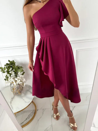 Women's Solid Colour Elegant Slash Neck Slit Dress - Shello's Creative Boutique