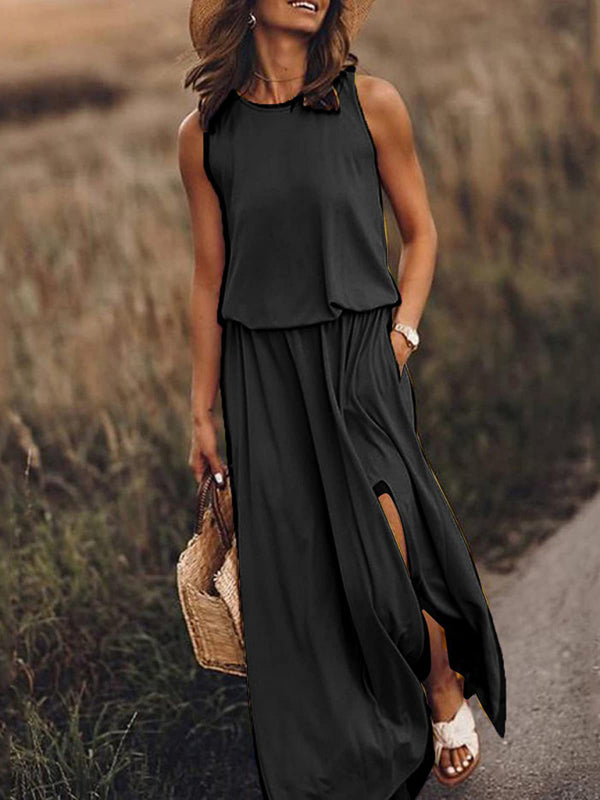 Women's Round Neck Sleeveless Dress Slit Multicolor Solid Color Long Dress Shello's Creative Boutique