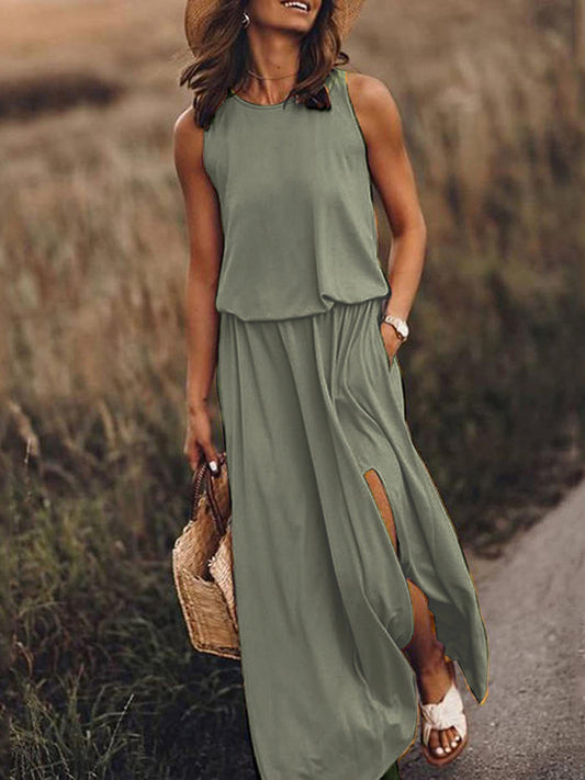 Women's Round Neck Sleeveless Dress Slit Multicolor Solid Color Long Dress Shello's Creative Boutique