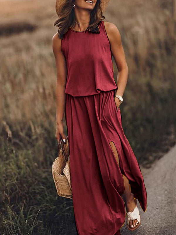 Women's Round Neck Sleeveless Dress Slit Multicolor Solid Color Long Dress Shello's Creative Boutique