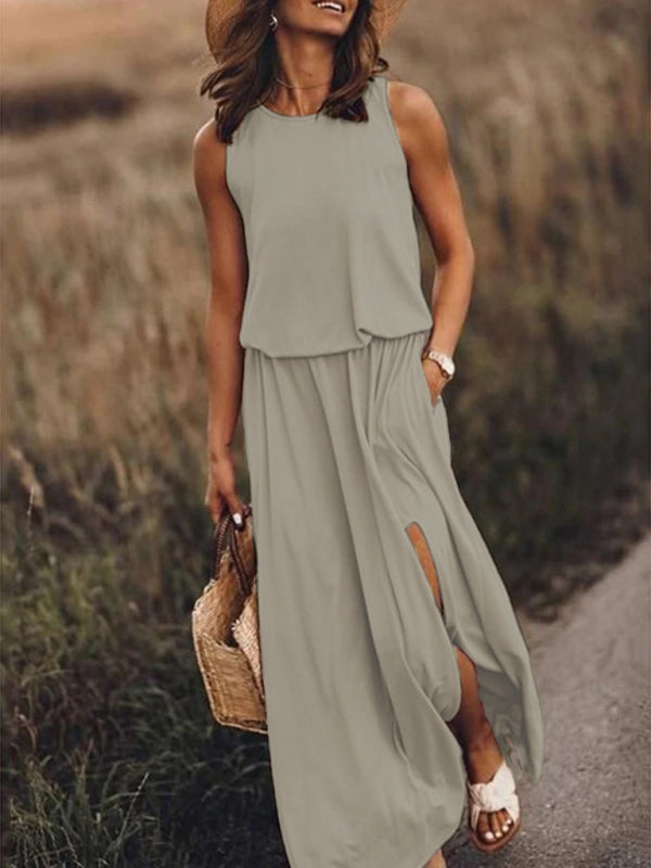 Women's Round Neck Sleeveless Dress Slit Multicolor Solid Color Long Dress Shello's Creative Boutique