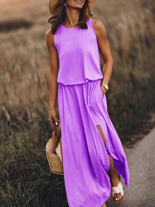 Women's Round Neck Sleeveless Dress Slit Multicolor Solid Color Long Dress Shello's Creative Boutique