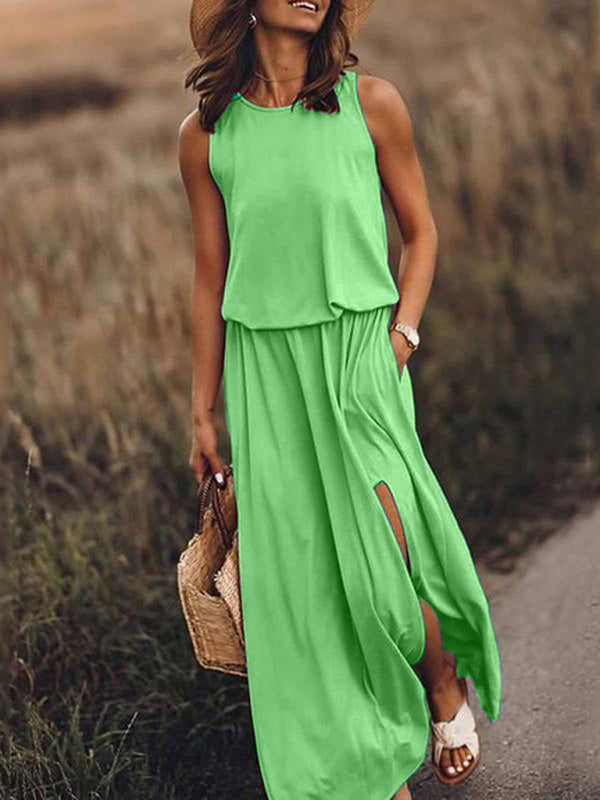 Women's Round Neck Sleeveless Dress Slit Multicolor Solid Color Long Dress Shello's Creative Boutique
