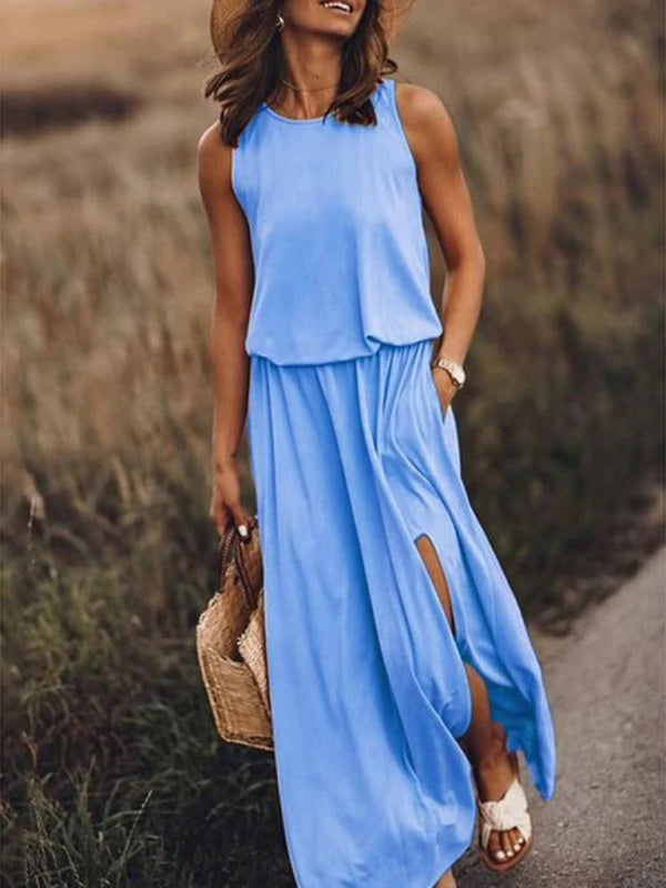 Women's Round Neck Sleeveless Dress Slit Multicolor Solid Color Long Dress Shello's Creative Boutique