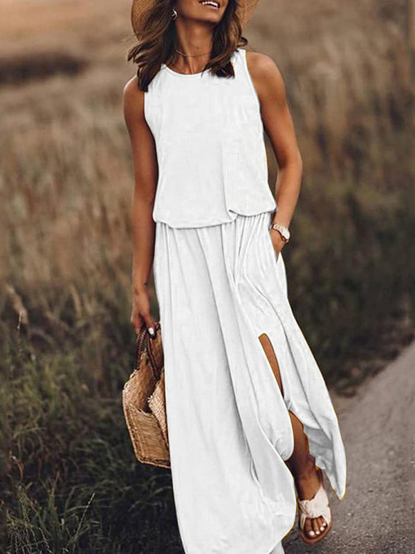 Women's Round Neck Sleeveless Dress Slit Multicolor Solid Color Long Dress Shello's Creative Boutique