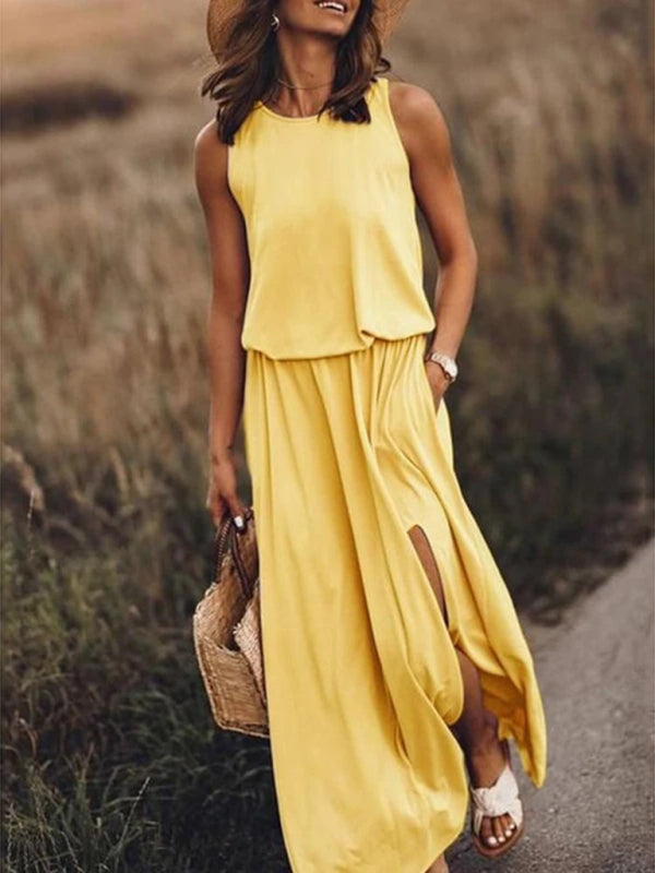 Women's Round Neck Sleeveless Dress Slit Multicolor Solid Color Long Dress Shello's Creative Boutique