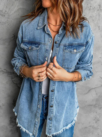 Street Trendy Denim Lapel Loose-Fit Blouse - Shello's Creative Boutique