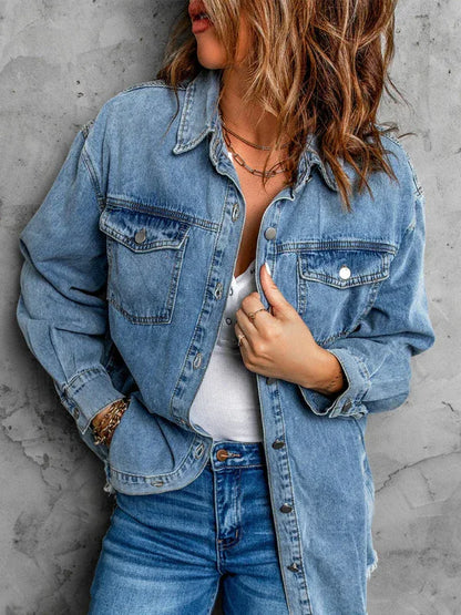 Street Trendy Denim Lapel Loose-Fit Blouse - Shello's Creative Boutique
